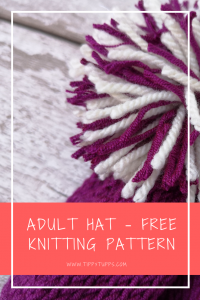 Free knitting pattern: a cute adult hat. A DK yarn weight combined with 5mm needles provides a nice and lightweight adult hat. The stockinette stitch gives it a rolled edge finish and a clean uniform appearance. The quick decrease gives it a gathered finish at the top making it a great match for a bobble finish.