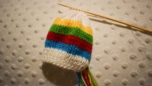 Free Knitting Pattern - Rainbow Baby Mittens - ready to shape the top
