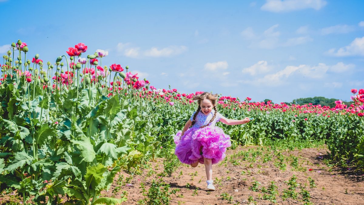 Capturing motion. A young girl in a pink skirt running through a flower field