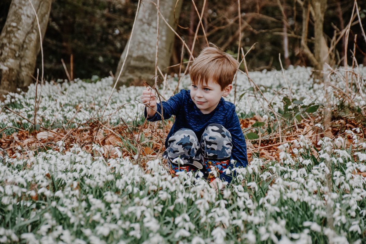 Photographing children in flowers - snowdrops