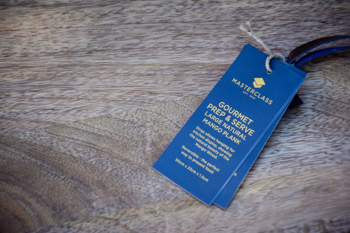 Close up of the MasterClass rustic mango wood chopping / serving board