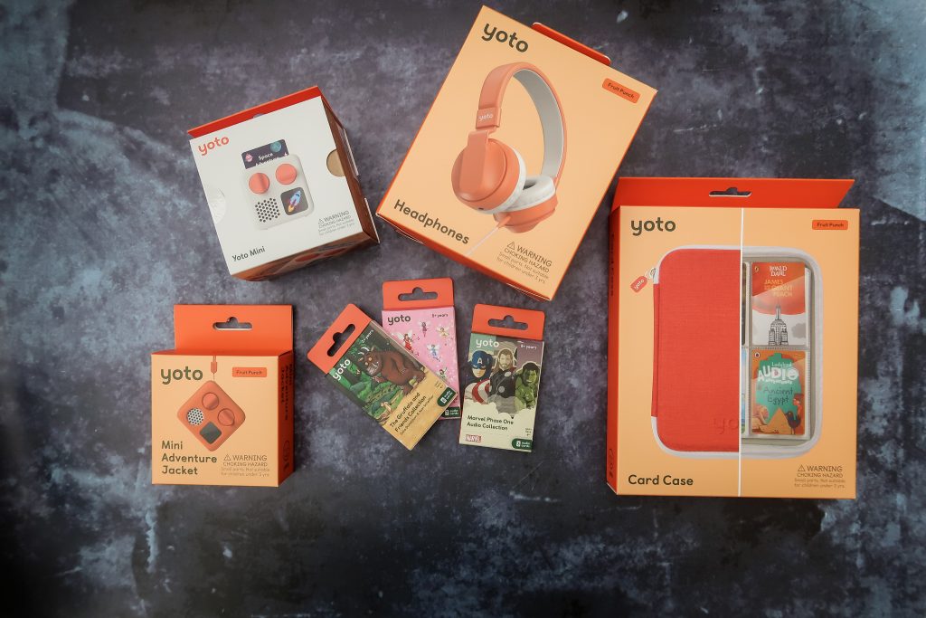 The Yoto Mini, Yoto cards and Yoto accessories in their packaging